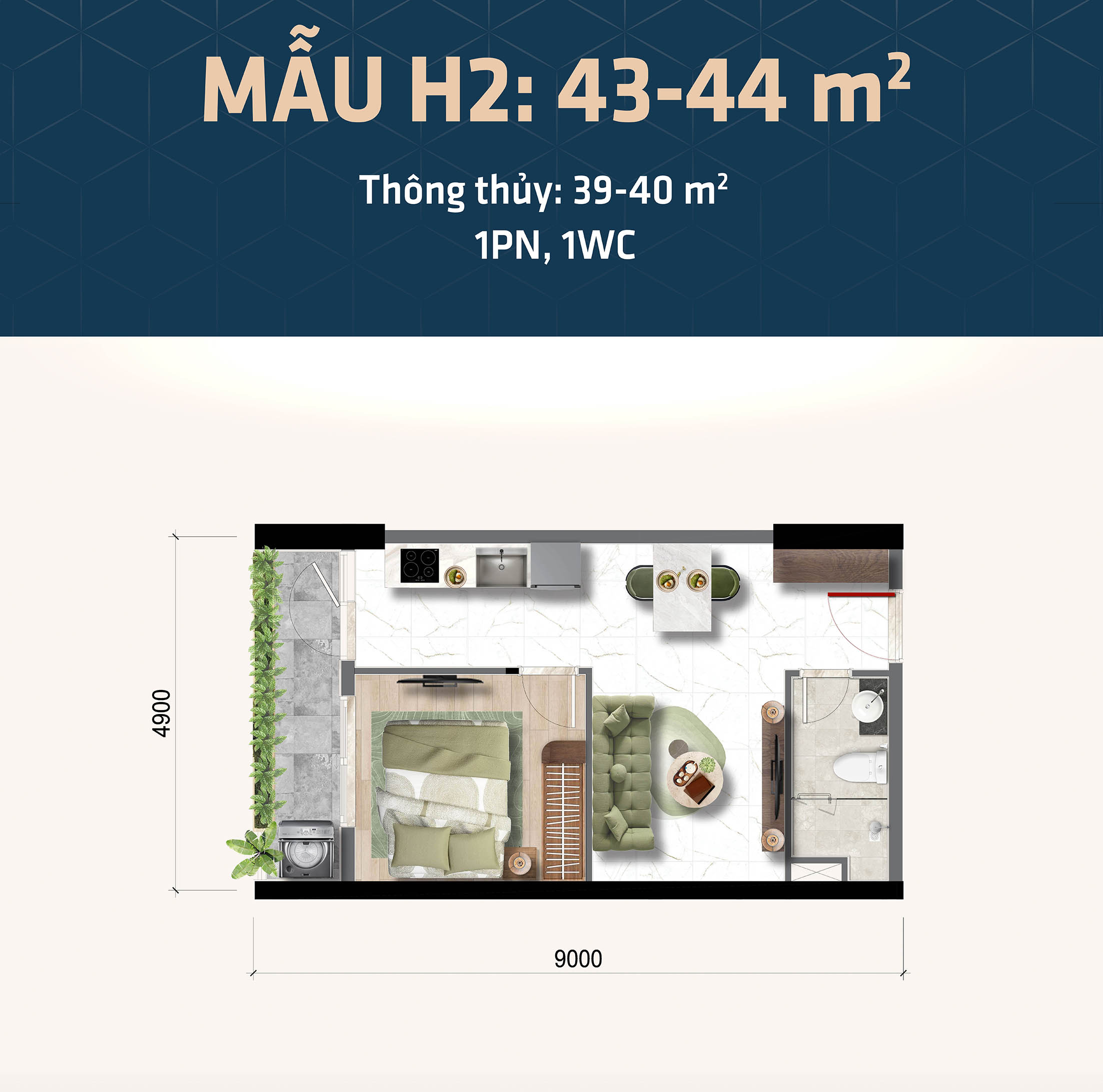 Thiết kế căn hộ 1 phòng ngủ Bcons Central Park Biên Hòa