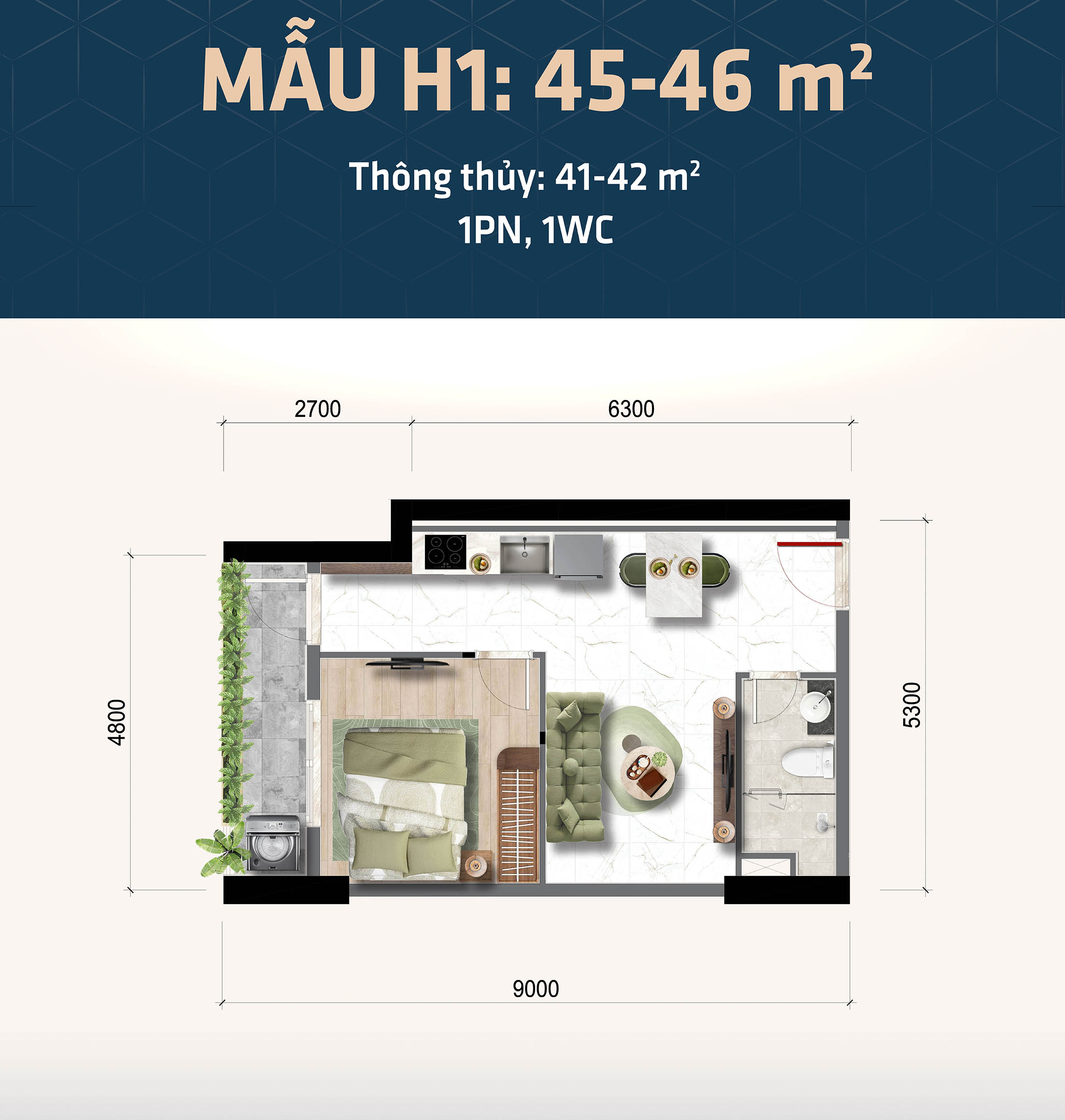 Thiết kế căn hộ 1 phòng ngủ Bcons Central Park Biên Hòa