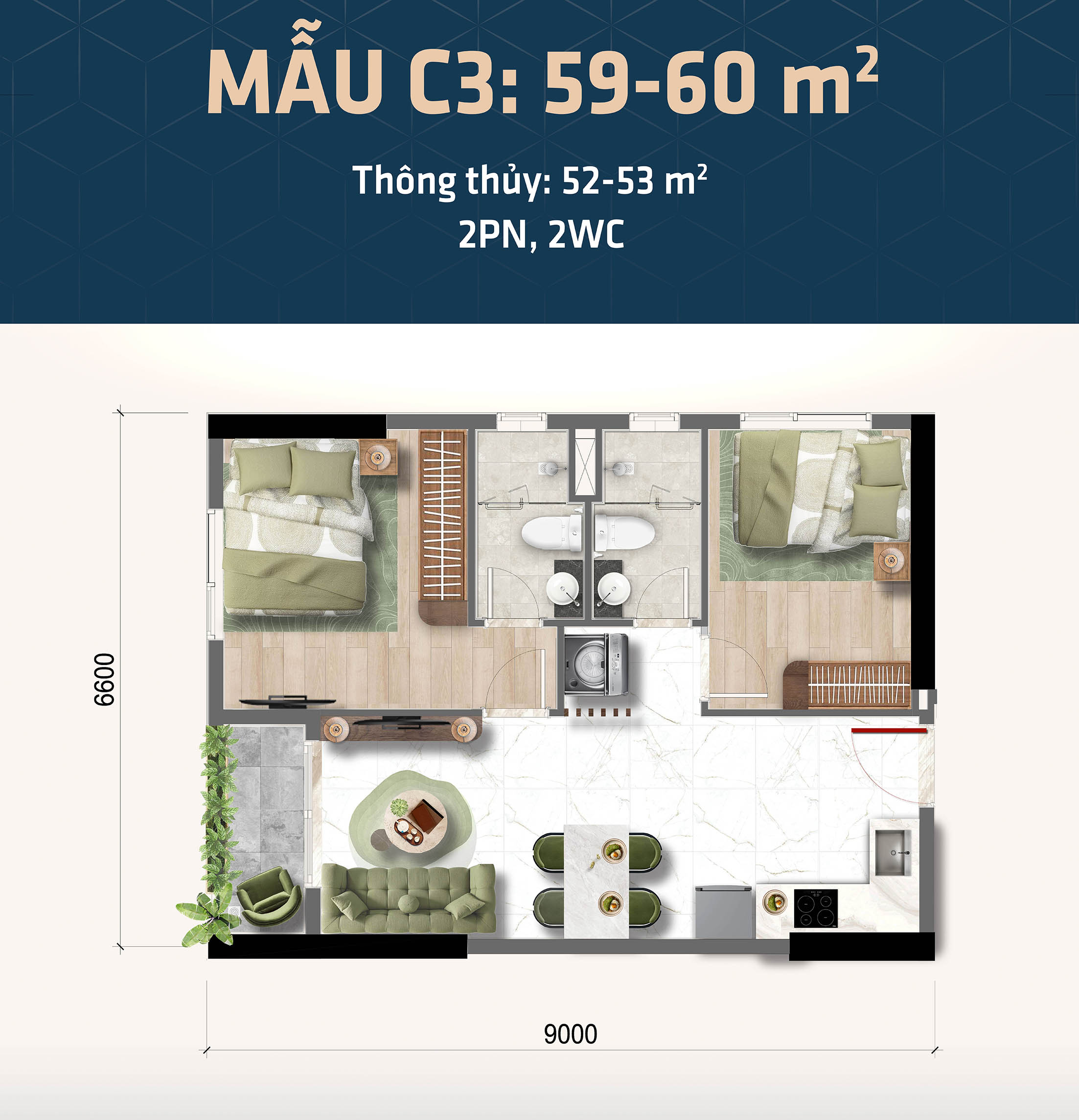 Thiết kế căn hộ 2 phòng ngủ Bcons Central Park Biên Hòa