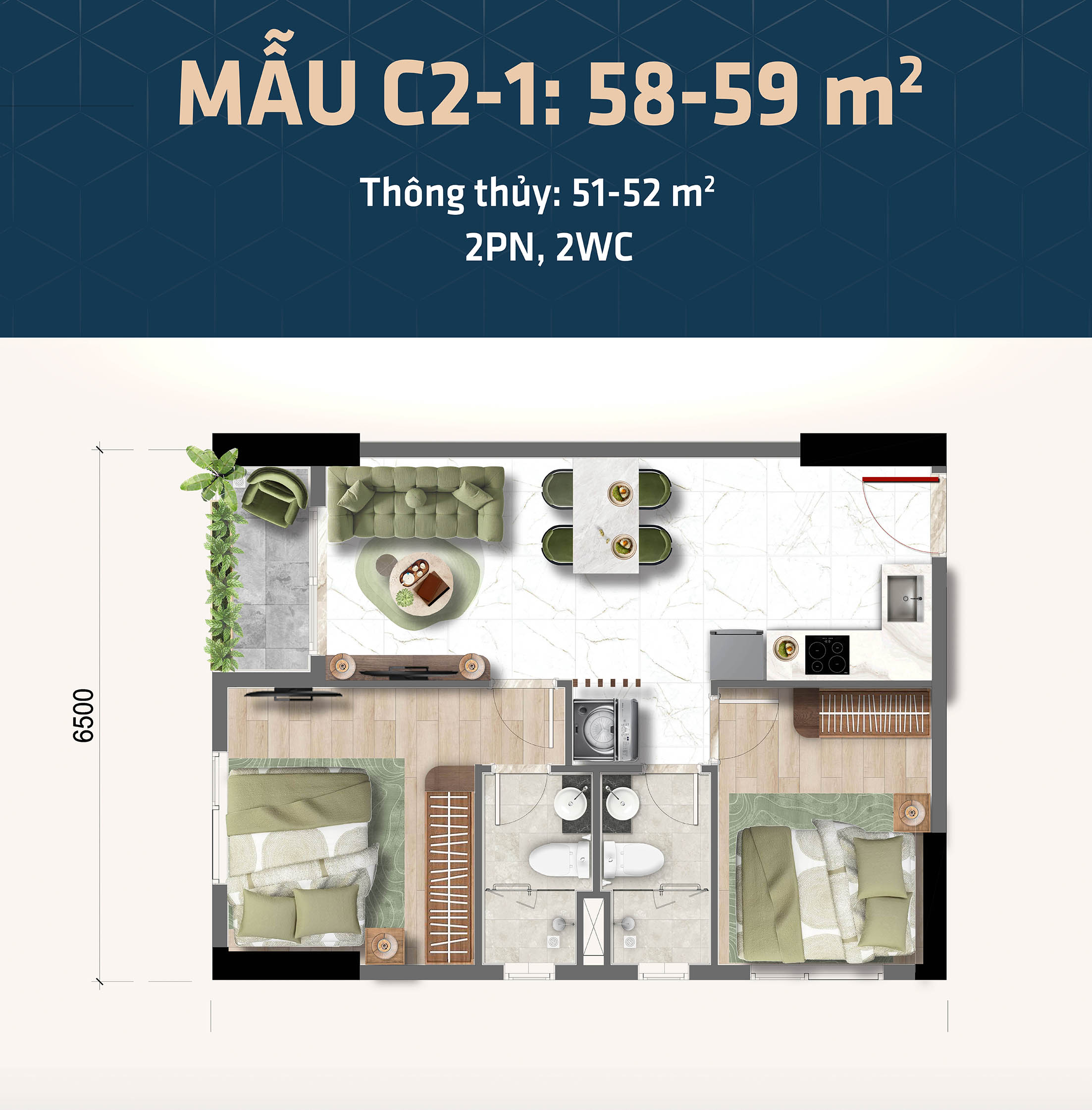 Thiết kế căn hộ 2 phòng ngủ Bcons Central Park Biên Hòa