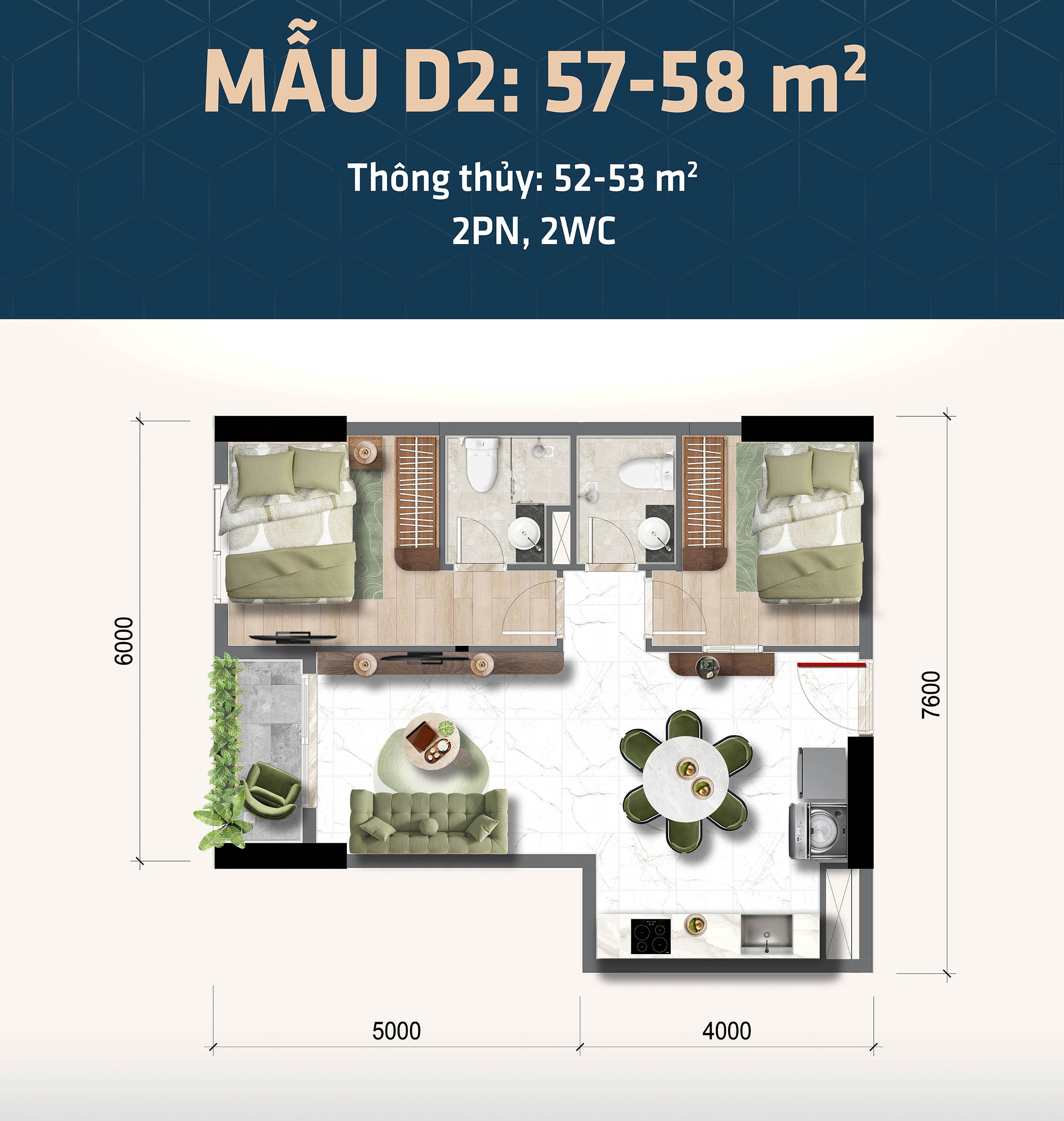 Thiết kế căn hộ 2 phòng ngủ Bcons Central Park Biên Hòa