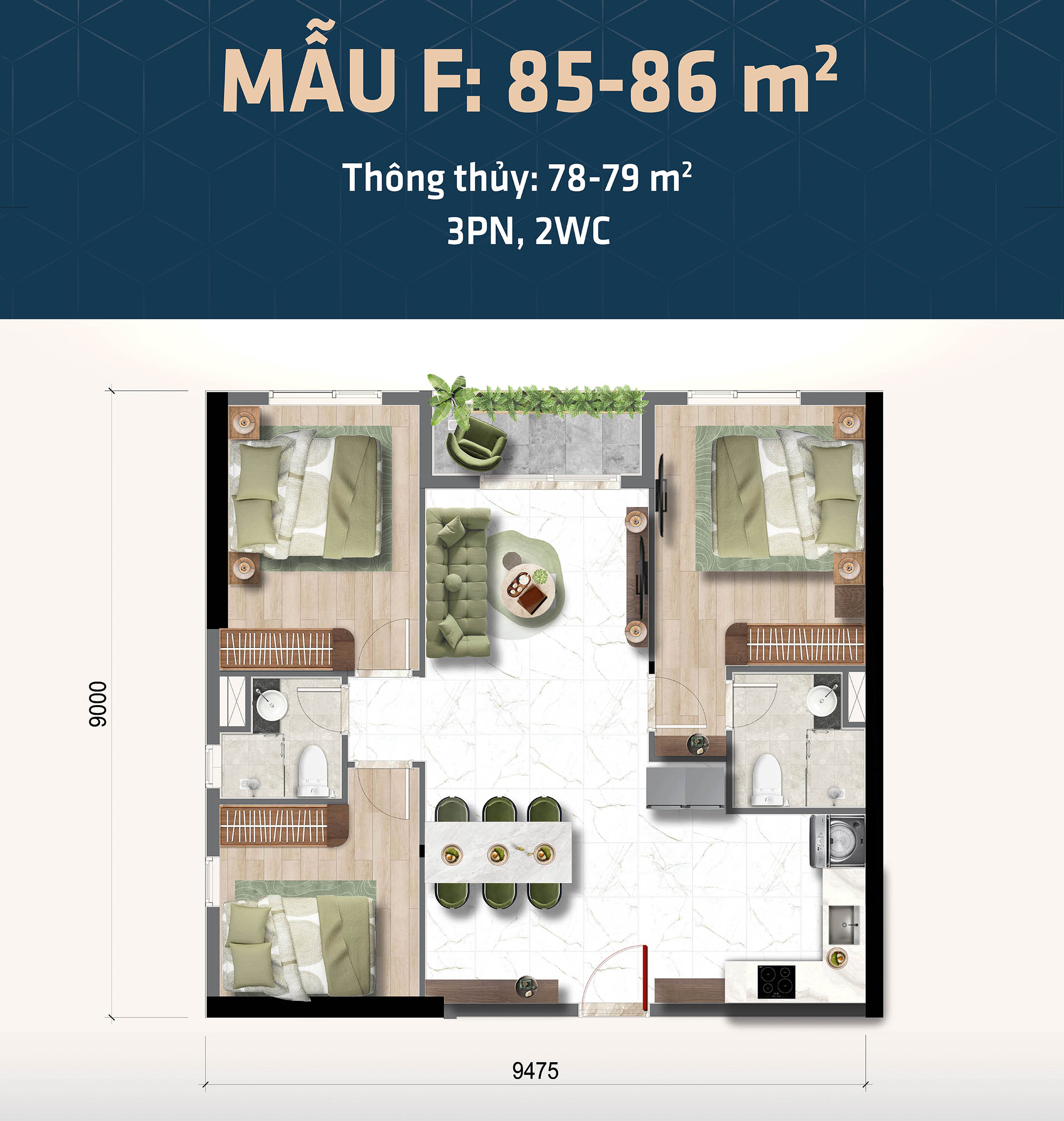 Thiết kế căn hộ 3 phòng ngủ Bcons Central Park Biên Hòa
