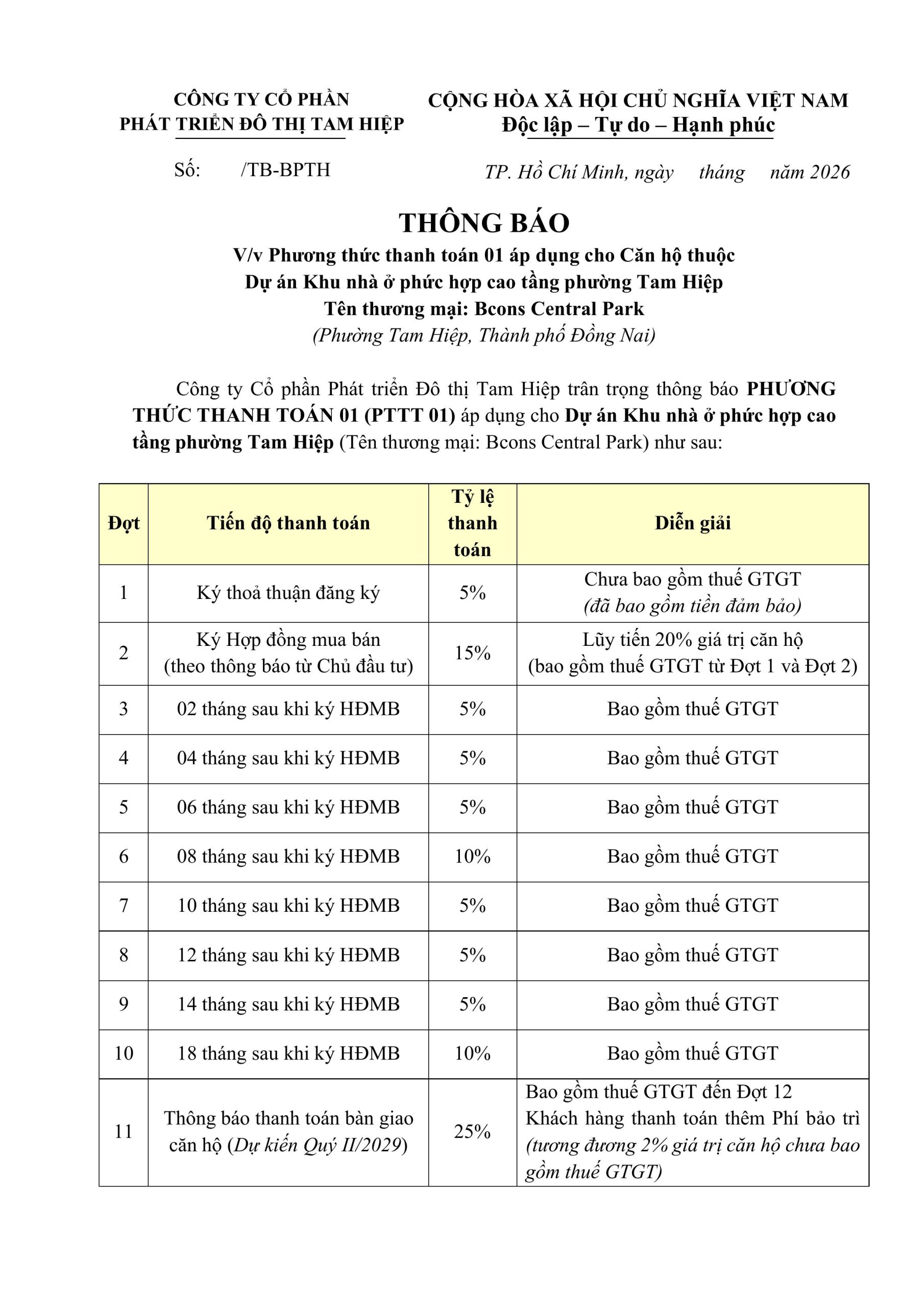 Phương thức thanh toán căn hộ Bcons Central Park Tam Hiệp theo tiến độ