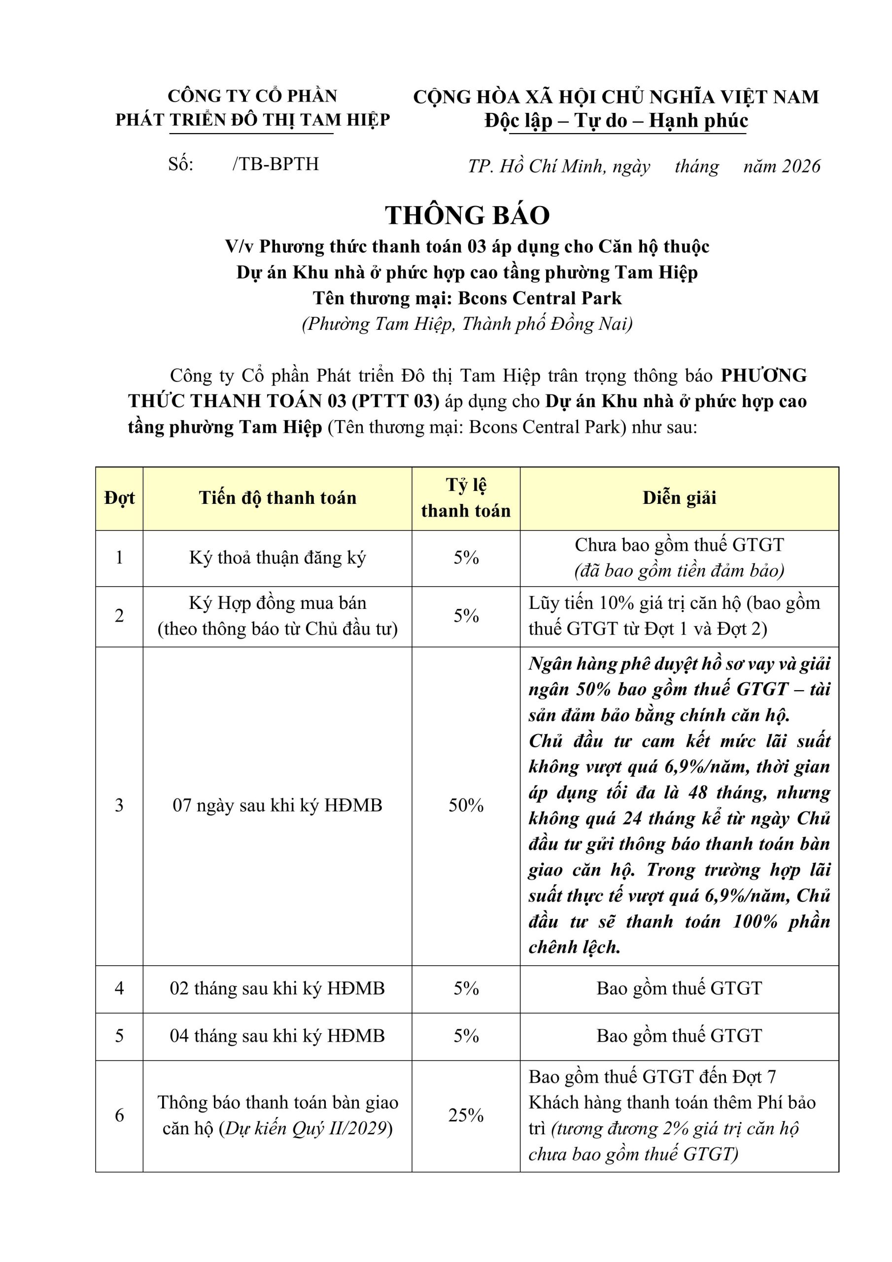 Phương thức thanh toán căn hộ Bcons Central Park Tam Hiệp vay ngân hàng